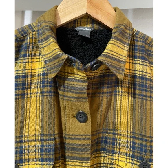 Eddie Bauer Men's Flannel Fleece Lined Shirt Jacket Yellow Plaid Outerwear Sz S - Picture 3 of 15